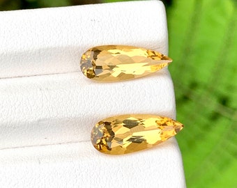 May include: Two pear-shaped topaz gemstones, one on top of the other, on a white display stand. The gemstones are a light golden yellow color.
