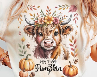 Highland Kuh Herbst PNG - Boho Blumen Kürbis Sublimationsdesign (Digitaler Download)