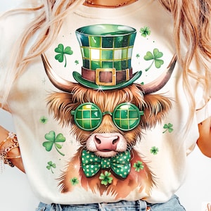 St. Patricks Day Highland Cow PNG, Highland Cow Clipart, St. Pattie&#39;s Day PNG, Highland Cow Shirt Design, Sublimation Designs, Trendy png