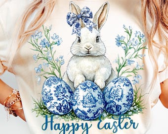 Blue Chinoiserie Easter Bunny PNG, Floral Toile Rabbit Spring Sublimation (Digital Download)