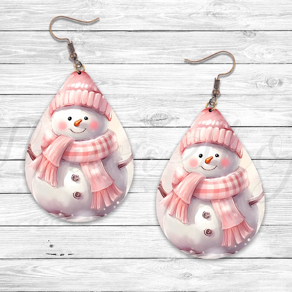 Pink Snowman Christmas Earring, Winter Sublimation Earring Designs Template, Earring Blanks Design, Teardrop Earring PNG, Digital Download