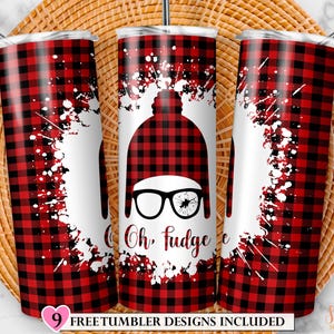 May include: Three stainless steel tumblers with a red and black plaid pattern and white paint splatters. The center tumbler features a cartoon character wearing a plaid hat and glasses with the text "Oh, fudge!"