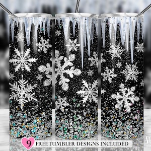 Glitter Snowflakes Tumbler Sublimation Design: 20oz Skinny Tumbler Wrap (PNG Instant Download)