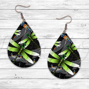 Black Glitter Dragonfly Earring Template: Teardrop PNG (Digital Download)