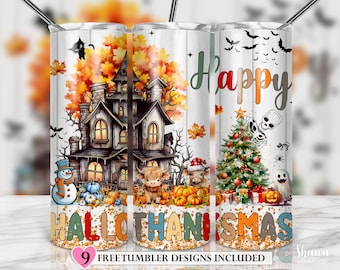 May include: Set of three 20 oz stainless steel tumblers with a Halloween and Christmas theme. The tumblers feature a haunted house, a snowman, a Christmas tree, and the text "Happy Hallothanksmas".