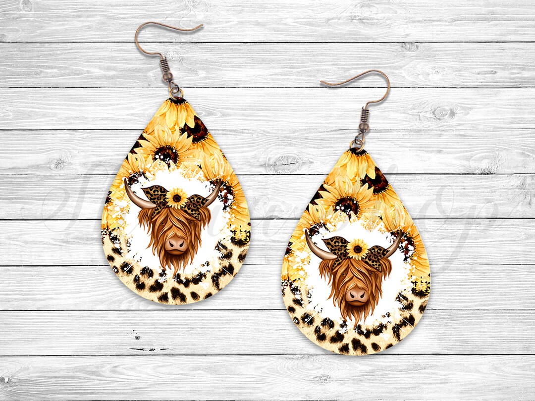 Highland Cow Sunflower Earrings: Sublimation Design PNG (digital ...