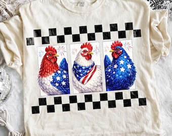 Patriotic Chicken Rooster PNG, 4th July American Flag Farmhouse Design (Digital Download)