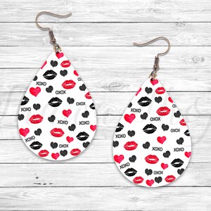 Valentines Day Kisses Lips XOXO Earring, Sublimation Earring Designs Template, Earring Blanks Design, Teardrop Earring PNG, Digital Download