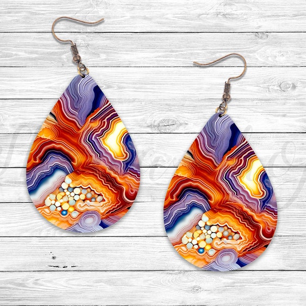 Agate Orange and Purple Marble Sublimation Earring Designs Template, Earring Blanks Design, Teardrop Earring PNG, Instant Digital Download