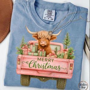 Pink Christmas Highland Cow PNG: Long Haired Shaggy Cow Sublimation (Digital Download)