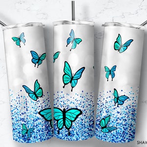 Blue Butterfly Glitter Tumbler Wrap: 20oz Skinny Sublimation (PNG File Digital Download)