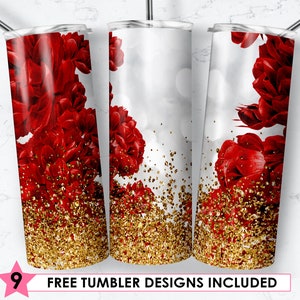 20oz Skinny Tumbler Sublimation Designs Red Roses Gold Glitter Tumbler Wrap for Straight & Tapered Tumbler PNG File Digital Download
