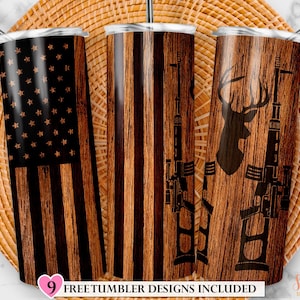 Deer and Flag Tumbler, 20oz Skinny Tumbler Sublimation Designs Wood Hunting Wrap Tumbler for Straight & Tapered Tumbler PNG Instant Download