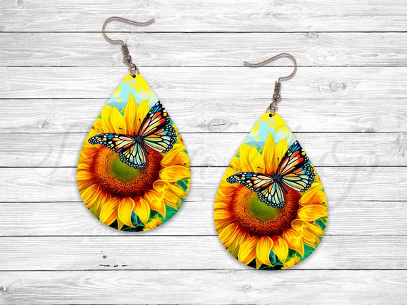 Earrings Sublimation Teardrop earring Butterfly and Sunflower