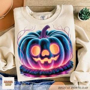 Iridescent Halloween Pumpkin PNG: Retro Neon Graphic (Digital Download