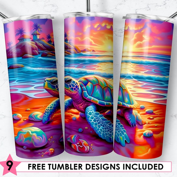 Sea Turtle Tumbler, 20oz Skinny Tumbler Sublimation Designs, Neon Turtle Rainbow Tumbler for Straight & Tapered Tumbler PNG Instant Download