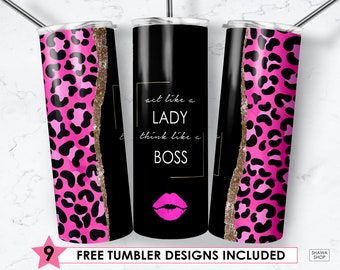 20 oz Skinny Tumbler Sublimation Template, Act Like A Lady, Think Like A Boss, Pink, Gold, Glitter Straight & Tapered PNG Digital Download