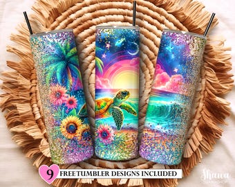 Meeresschildkröte Sonnenblumen 20 Unzen Skinny Tumbler, Sonnenblumen Tumbler Wrap, Tumbler Sublimation Design, Schildkröten Tumbler Design PNG Digital Download