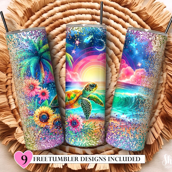 Sea Turtle Tumbler PNG, Sunflower 20oz Skinny Sublimation, Ocean Floral Wrap, Summer Beach Tumbler Design, Digital Download