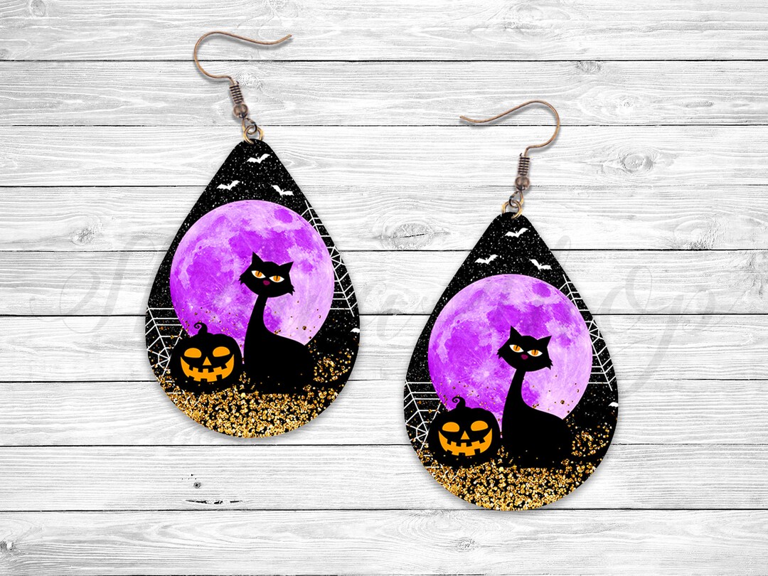 Halloween Black Cat Pumpkin Sublimation Earring Designs Template ...