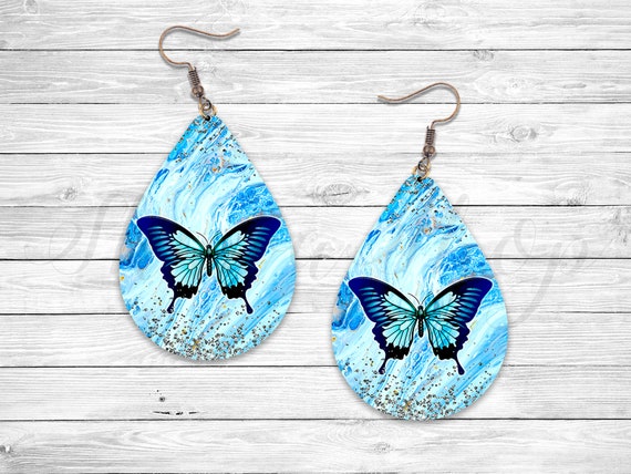 Blue Butterflies Sparkle Sublimation Earring Designs Template, Earring  Blanks Design, Teardrop Earring PNG, Instant Digital Download 