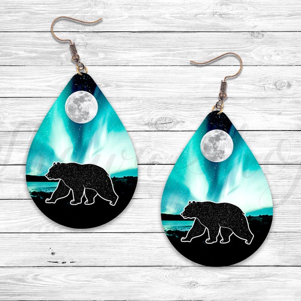 Bear Earrings, Northern Lights Sublimation Earring Designs Template, Earring Blanks Design, Teardrop Earring PNG, Instant Digital Download