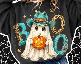Western Boo Ghost PNG, Leopard Pumpkin Cowgirl Shirt Graphic, Turquoise Cowboy Hat Halloween Brushstroke Sublimation Design Digital Download