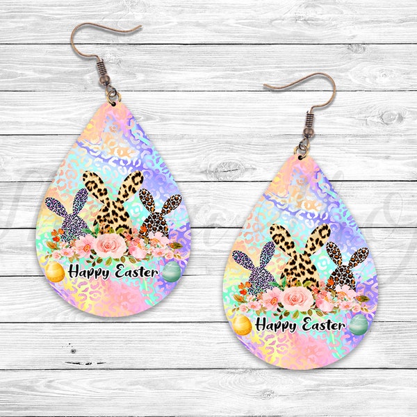 Happy Easter Bunny Leopard Print, Sublimation Earring Designs Template PNG, Instant Download, Earring Blanks Design, Earring Downloads