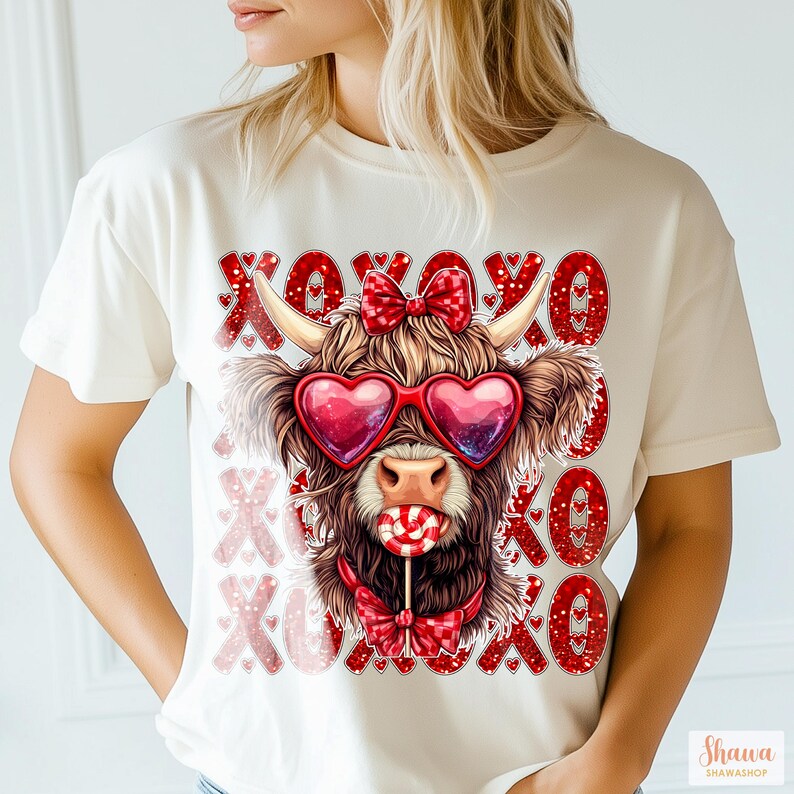 May include: White t-shirt with a red and white graphic of a Highland cow wearing heart-shaped sunglasses and a red bow tie. The cow is holding a red and white lollipop. The graphic is surrounded by red glitter XOXO's.