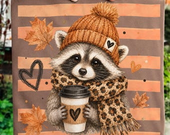 Cozy Autumn Shirt Design, Fall Raccoon PNG, Funny Raccoon Coffee PNG, Woodland Animal Sublimation, Thanksgiving Digital Download