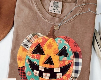 Bloemen- en pompoenpatchwork PNG: Herfst- en Halloweenontwerp (digitale download)