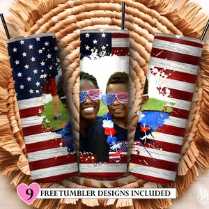May include: Nine sublimation designs for tumblers featuring a red, white, and blue American flag with a distressed woodgrain texture and white paint splatters. The designs include a space for a photo to be added.
