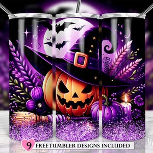 May include: Three purple and black Halloween-themed tumbler designs featuring a witch's hat, a pumpkin, and a candle. The designs are set against a background of purple glitter.