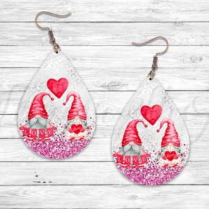 Pink Valentine Gnomes Glitter Sublimation Earring Designs Template, Earring Blanks Design, Teardrop Earring PNG, Instant Digital Download