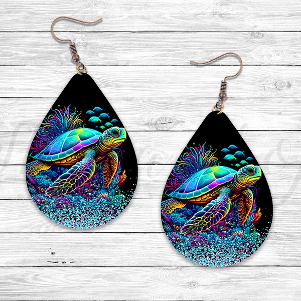 Sparkling Sea Turtle Earring, Sublimation Earring Designs Template, Earring Blanks Design, Teardrop Earring PNG, Digital Download