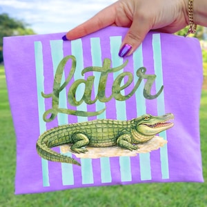 Puede incluir: Un estuche morado con cremallera que presenta rayas verticales azul claro, la palabra "Later" en letra cursiva verde y una ilustraci&oacute;n detallada de un caim&aacute;n verde sobre arena marr&oacute;n claro, todo impreso en la parte frontal.