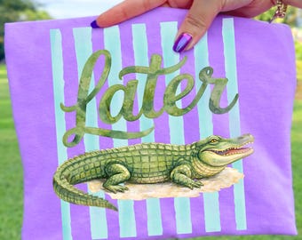 Later Gator PNG, Girly Preppy Alligator Design, Pink Summer Coastal Stripe (Digital Download)
