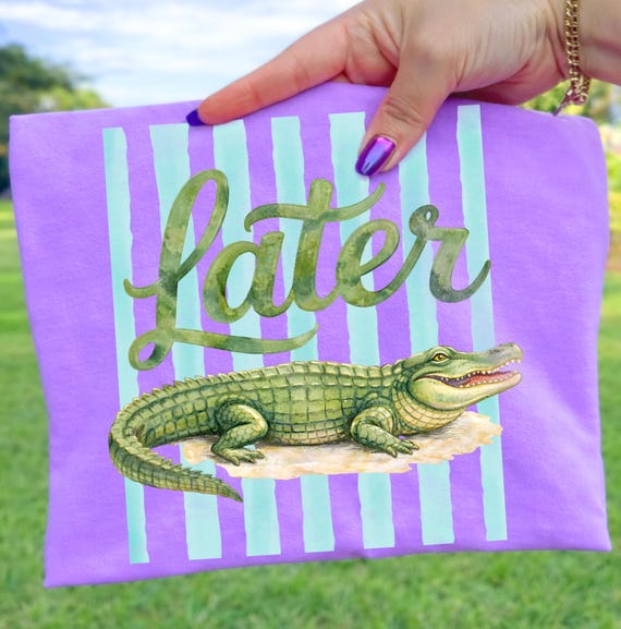 Everyday Later Gator PNG, Girly Preppy Alligator Design, Trendy Kids & Women Shirt Graphic, Pink Summer Coastal Stripe Digital Download