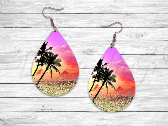 Beach Sunset Glitter Teardrop Earring PNG Template (Digital Download)