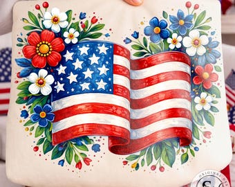 Floral American Flag PNG, Red White Blue Boho Flowers Graphic (Digital Download)