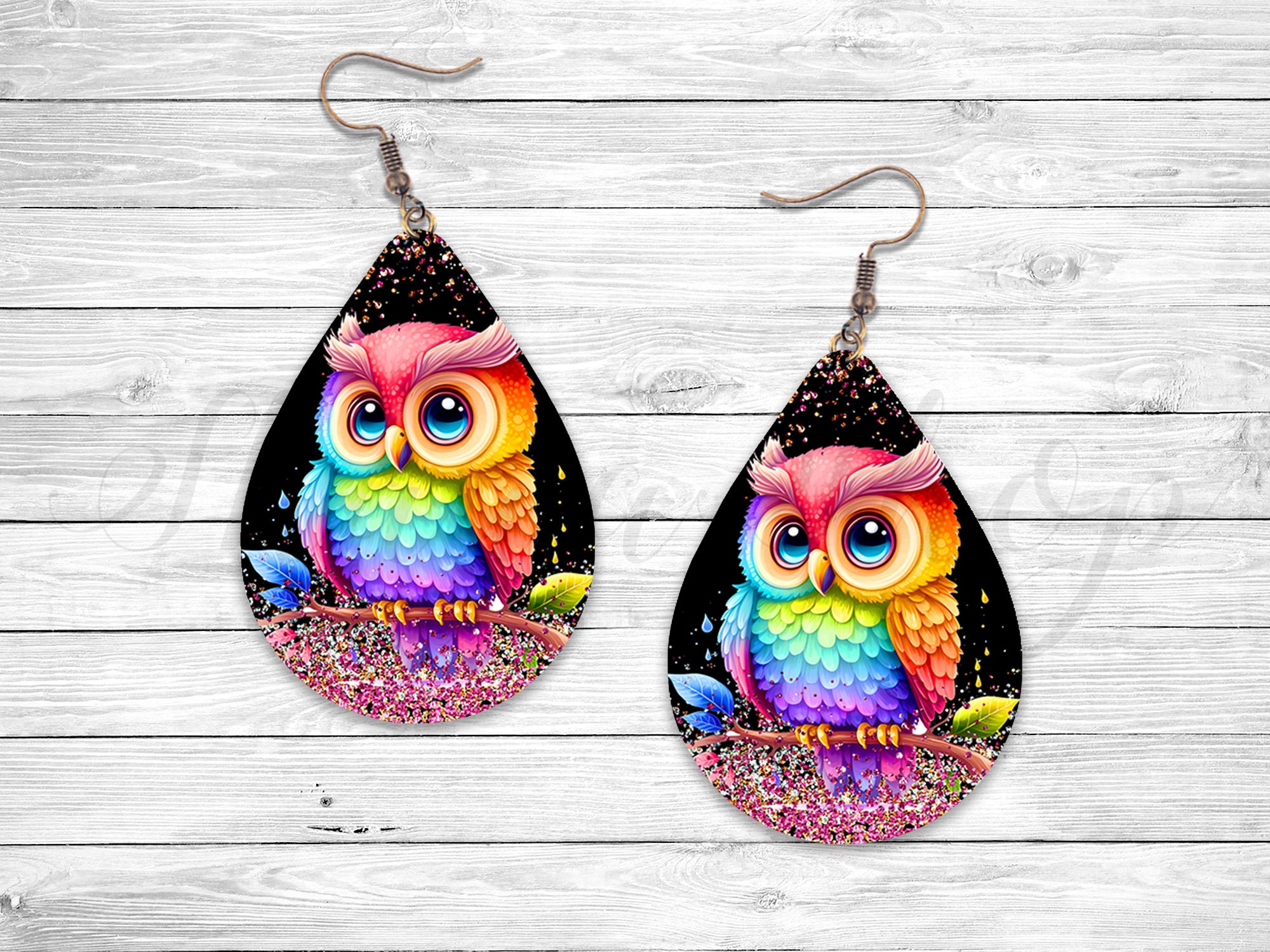 Neon Colorful Baby Owl Earrings Sublimation Earring Designs Template PNG, Instant Digital Download, 