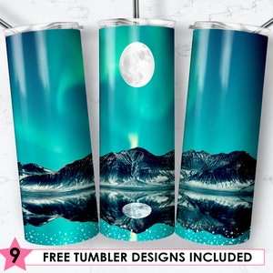 Bicchiere skinny da 20 once sublimazione Design Northern Lights Night Sky Silhouette Tumbler per bicchiere dritto/affusolato File PNG Download digitale