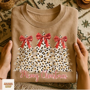 Leopard Christmas Tree PNG, Coquette Bow Xmas Design, Trendy Holiday Shirt (Digital Download) image 4