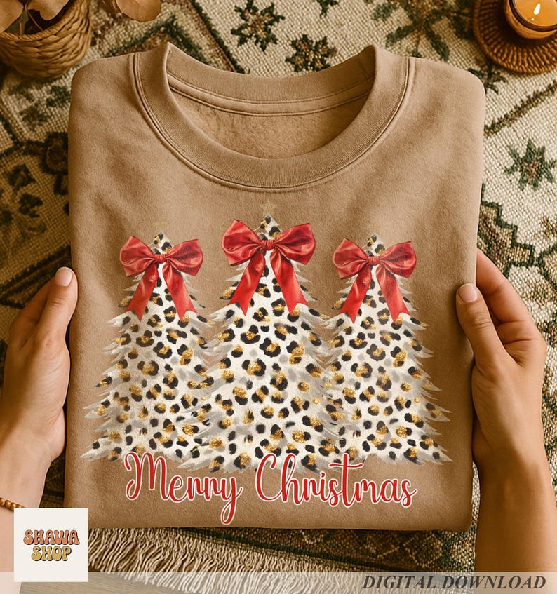 Leopard Christmas Tree PNG, Coquette Bow Xmas Design, Trendy Holiday Shirt (Digital Download) image 4
