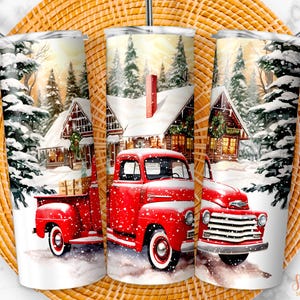 Christmas Red Truck Tumbler PNG: Vintage Snow Scene (Digital Download)