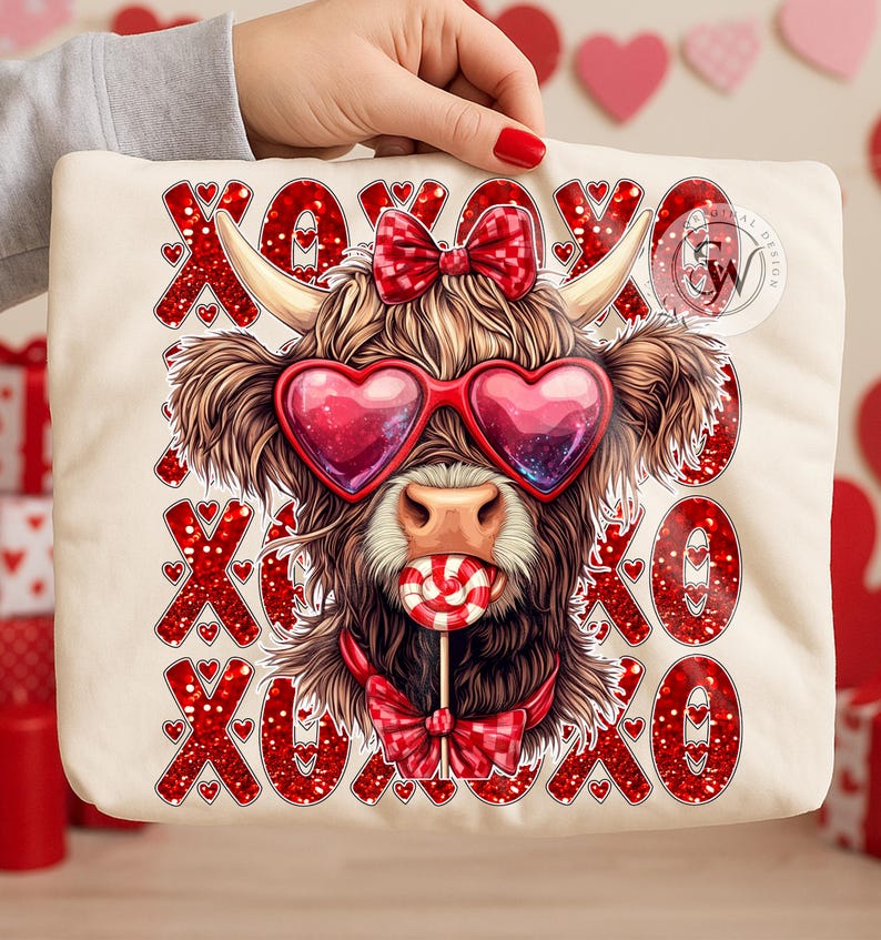 Valentine Highland Cow PNG: XOXO Coquette Design (Digital Download) image 1