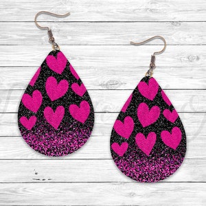 Pink Sparkling Hearts Valentines Day Sublimation Earring Designs Template, Earring Blanks Design, Teardrop Earring PNG, Digital Download