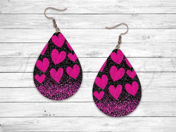 Pink Sparkling Hearts Valentines Day Sublimation Earring Designs Template,  Earring Blanks Design, Teardrop Earring PNG, Digital Download 