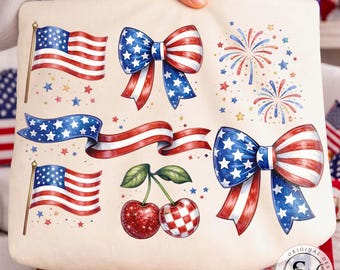 4th of July Coquette Bow PNG, Patriotic Red White Blue Girly Design, Americana Fireworks Cherry PNG, Fourth of July Sublimation Download