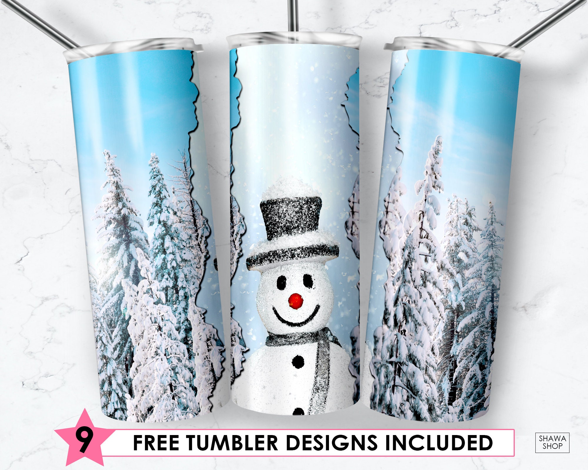 Snowman Tumbler Wrap: Winter Forest Sublimation Design (Digital Download)